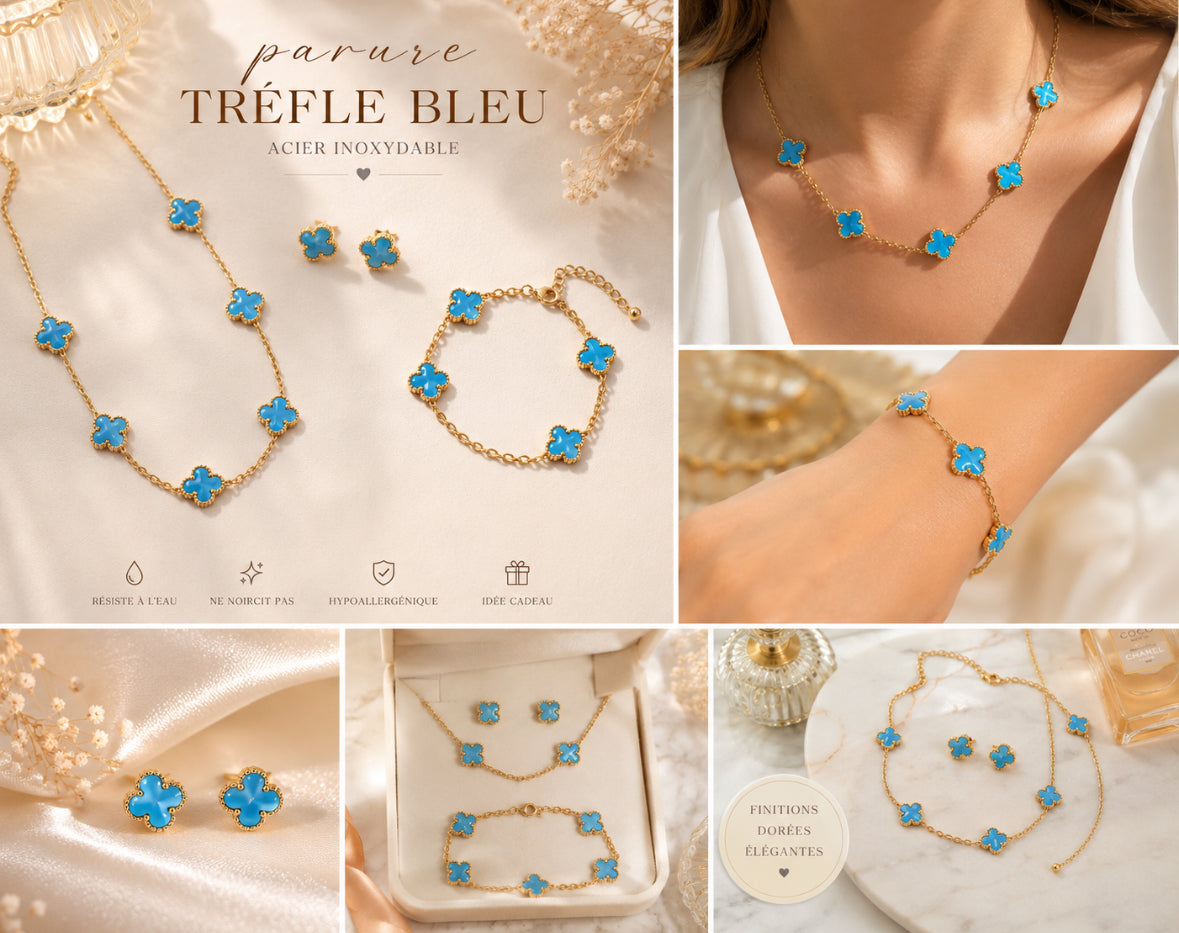 Parure trèfle bleu turquoise en acier inoxydable – collier, bracelet & boucles d’oreilles