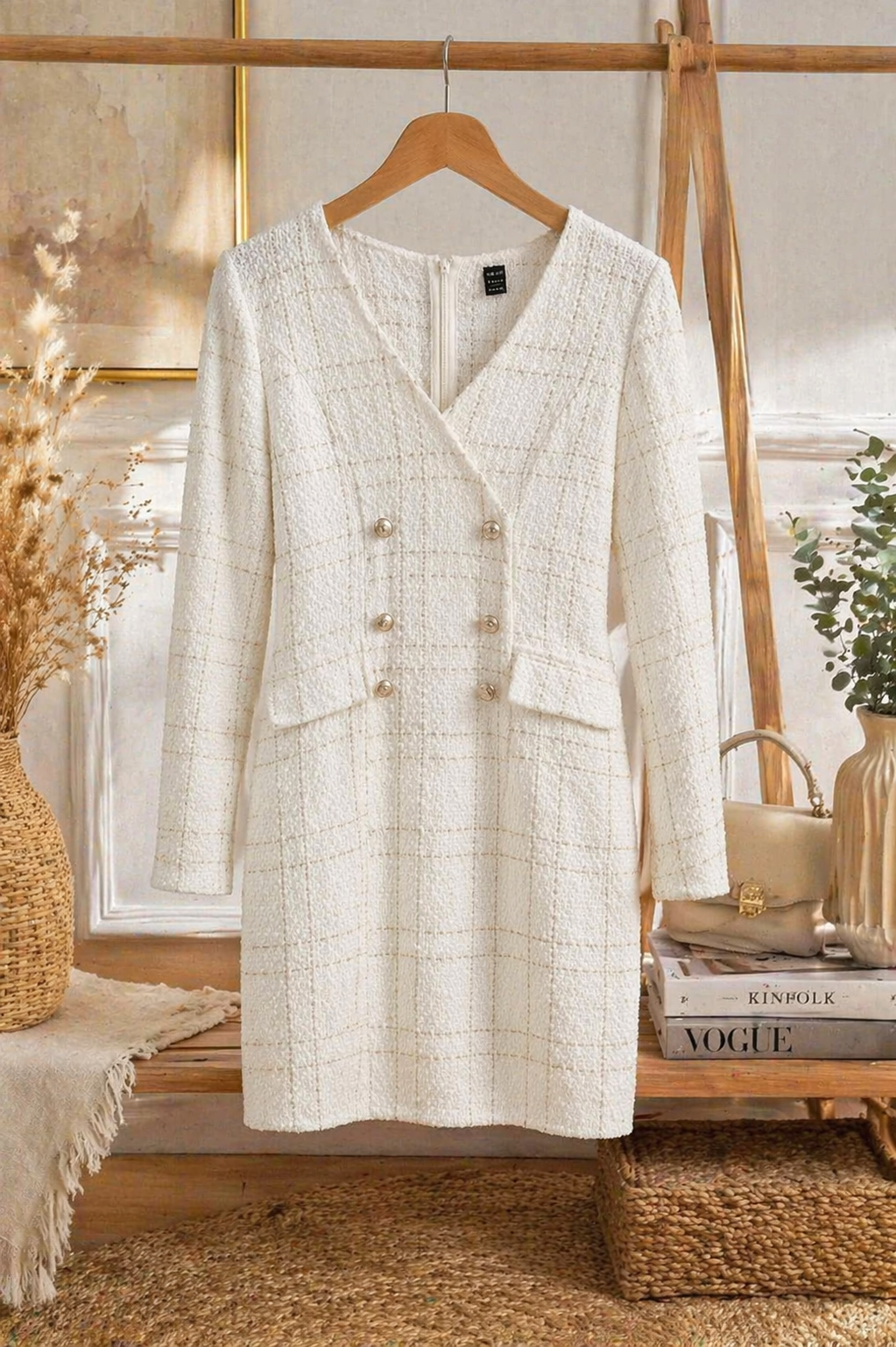 Robe tweed élégante femme  Taille M– Beige écru – Style chic & sophistiqué