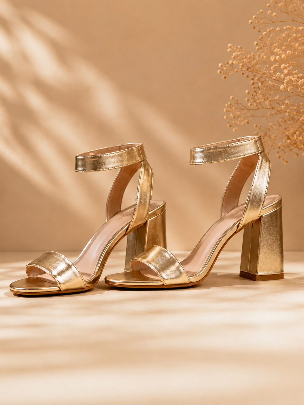 Sandales à talon dorées élégantes – Bride cheville & talon carré