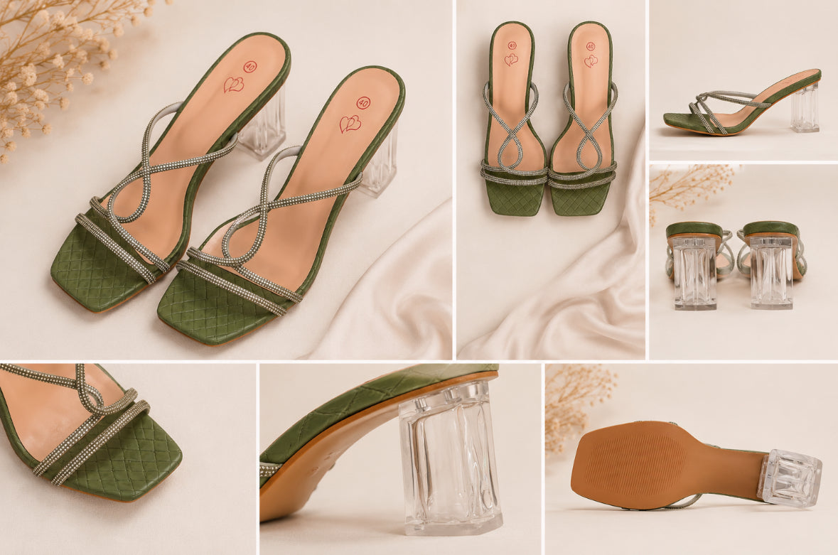 Sandales kaki à strass et talon transparent