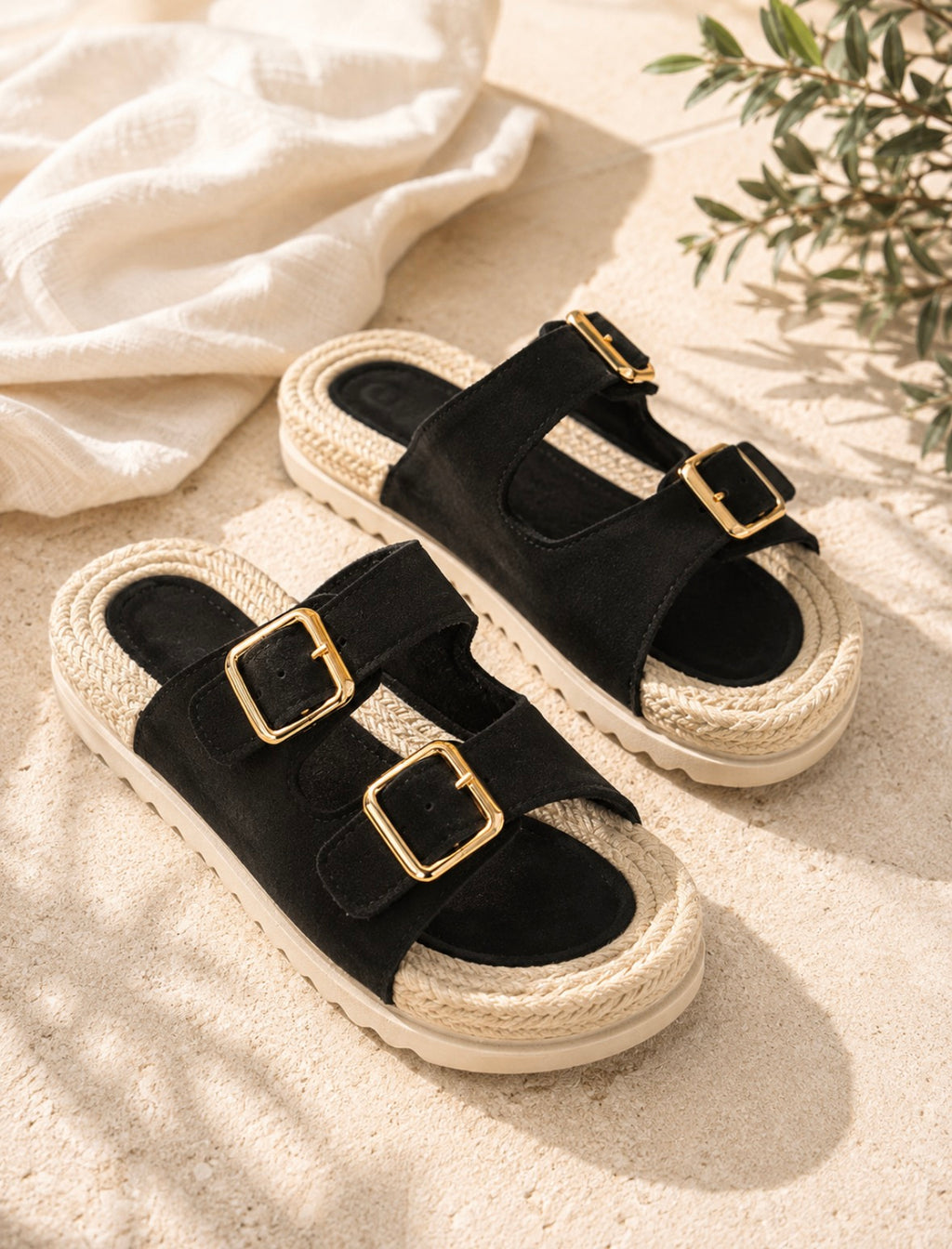 Mules noires à doubles boucles dorées – Semelle effet corde – Confort & Élégance
