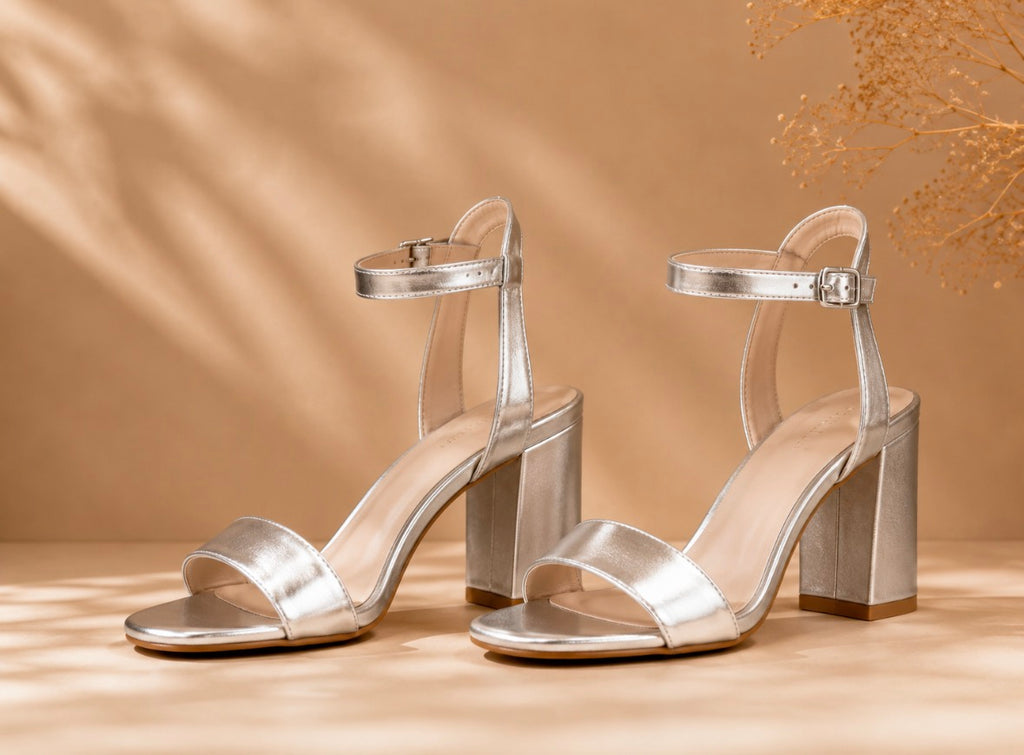 Sandales à talon argentées élégantes – Bride cheville & talon carré