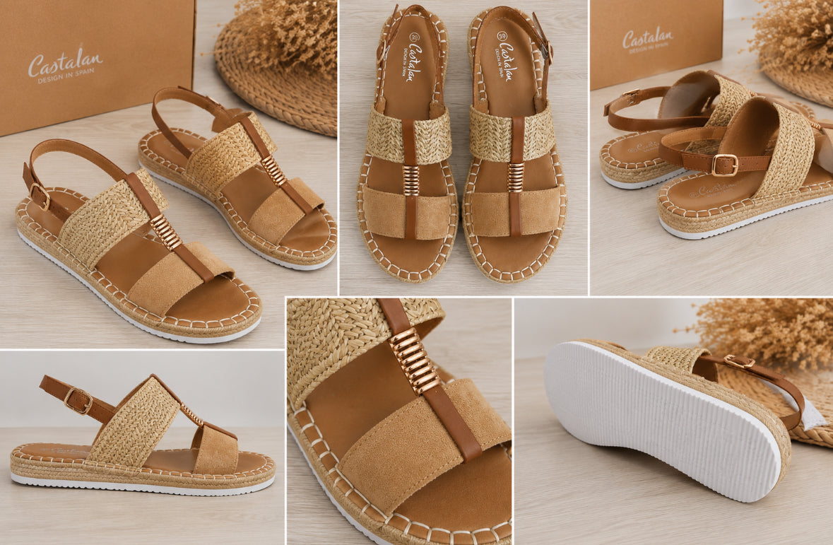 Espadrilles plates bohème beige & camel