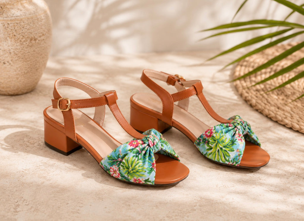 Sandales fleuries bohème chic à talon carré – Camel & imprimé tropical