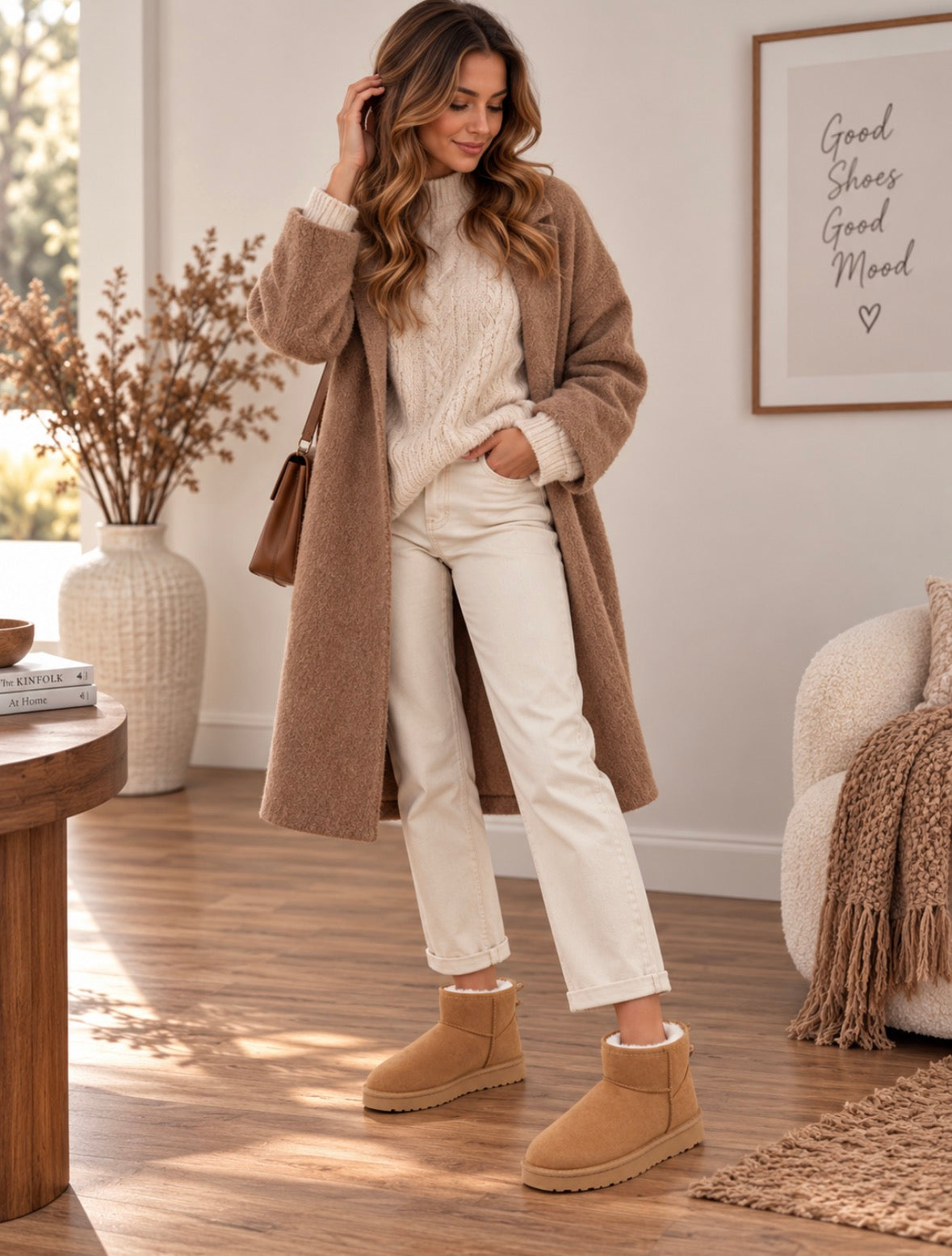 Bottines fourrées camel effet suédine – Confort automne/hiver