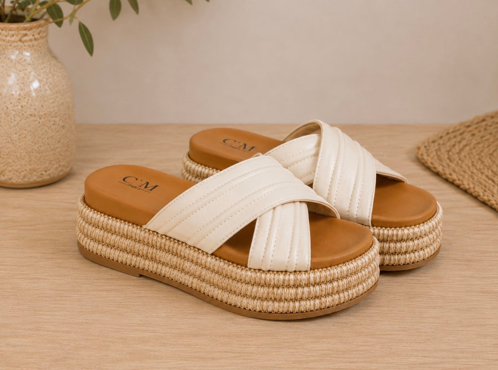 Mules compensées beige effet corde – Élégance bohème
