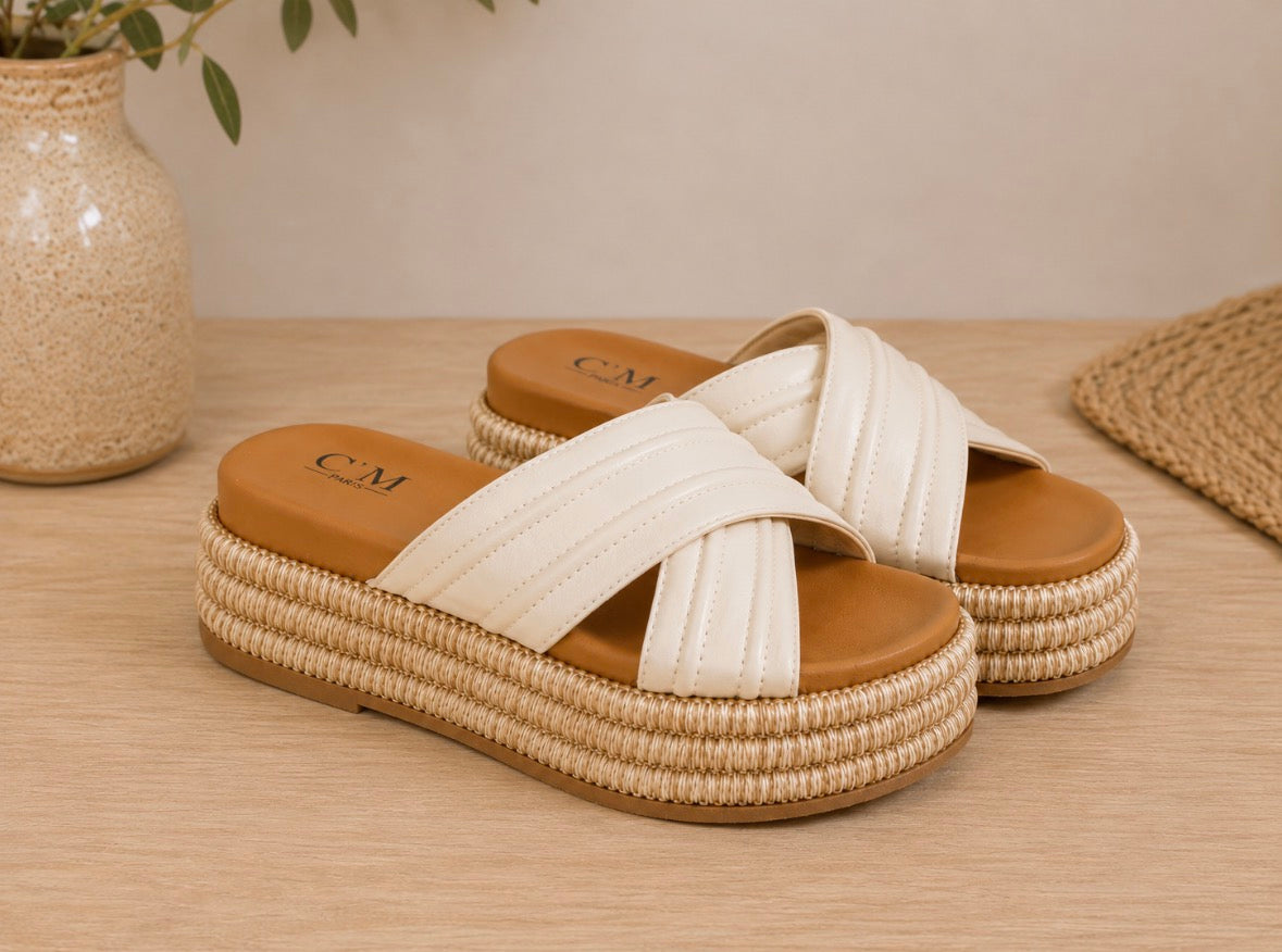Mules compensées beige effet corde – Élégance bohème