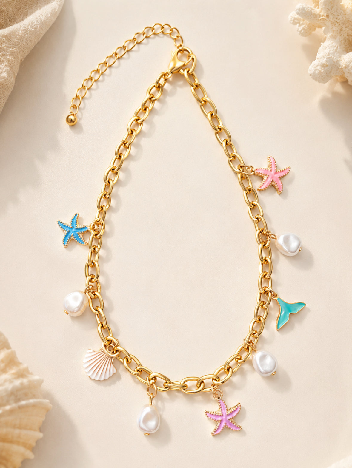 Collier charms marin en acier inoxydable doré – esprit été 🐚✨
