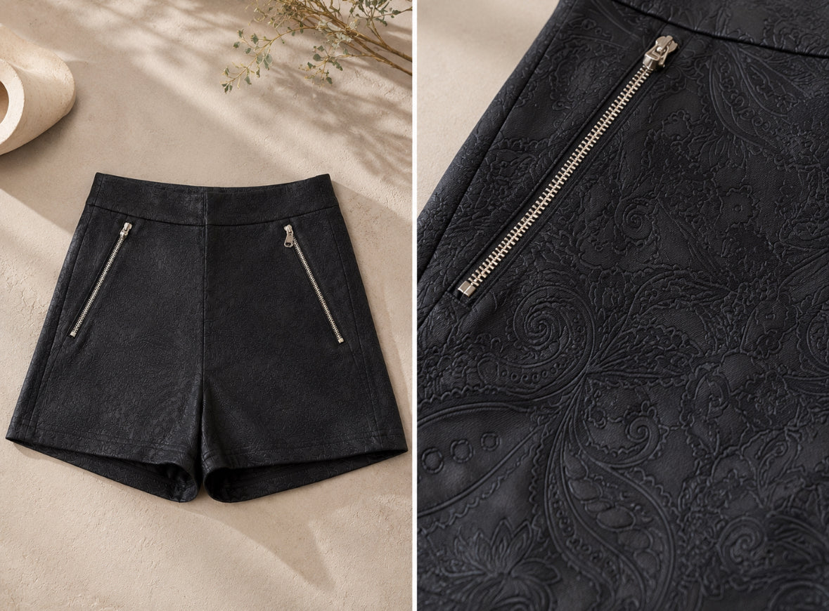 Short noir jacquard zippé