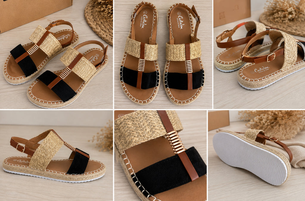 Espadrilles plates bohème noir & camel