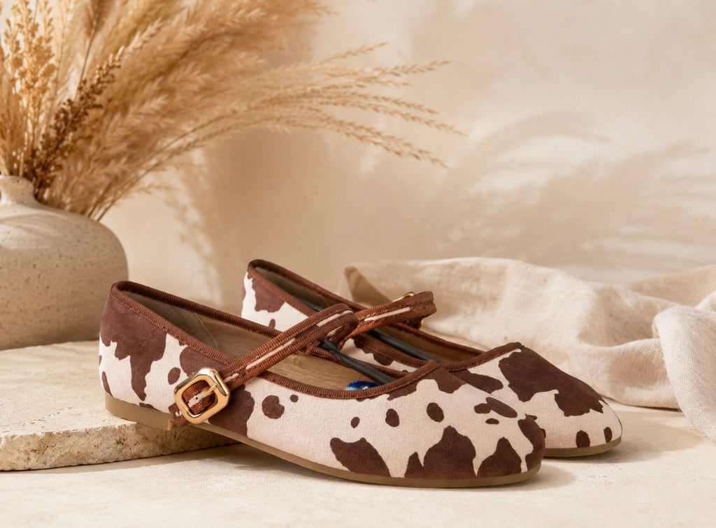 Ballerines imprimé vache à bride – Beige & marron