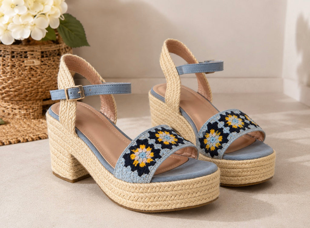Sandales compensées bohème bleu ciel & crochet fleuri