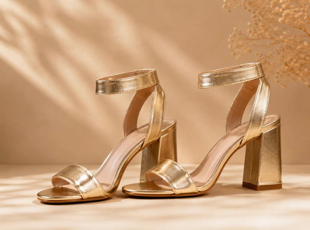 Sandales à talon dorées élégantes – Bride cheville & talon carré