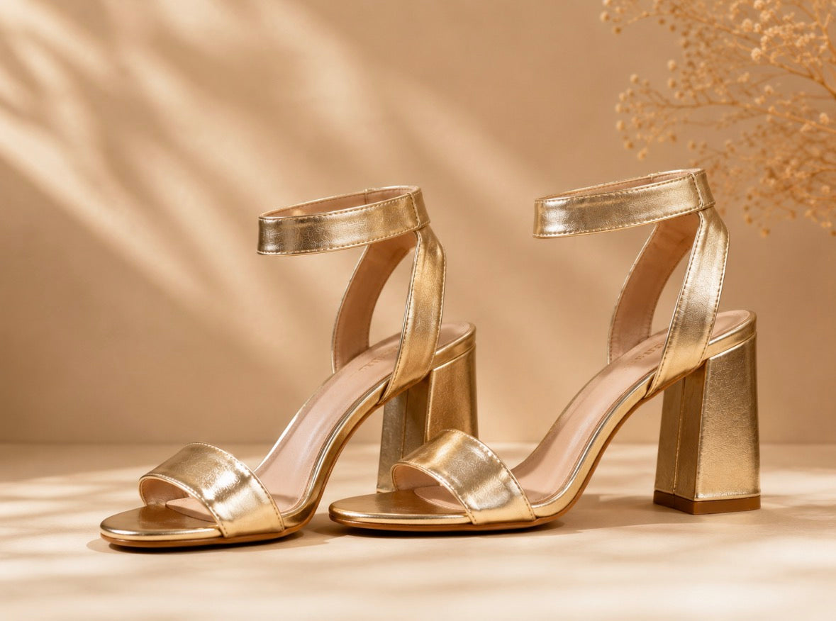 Sandales à talon dorées élégantes – Bride cheville & talon carré