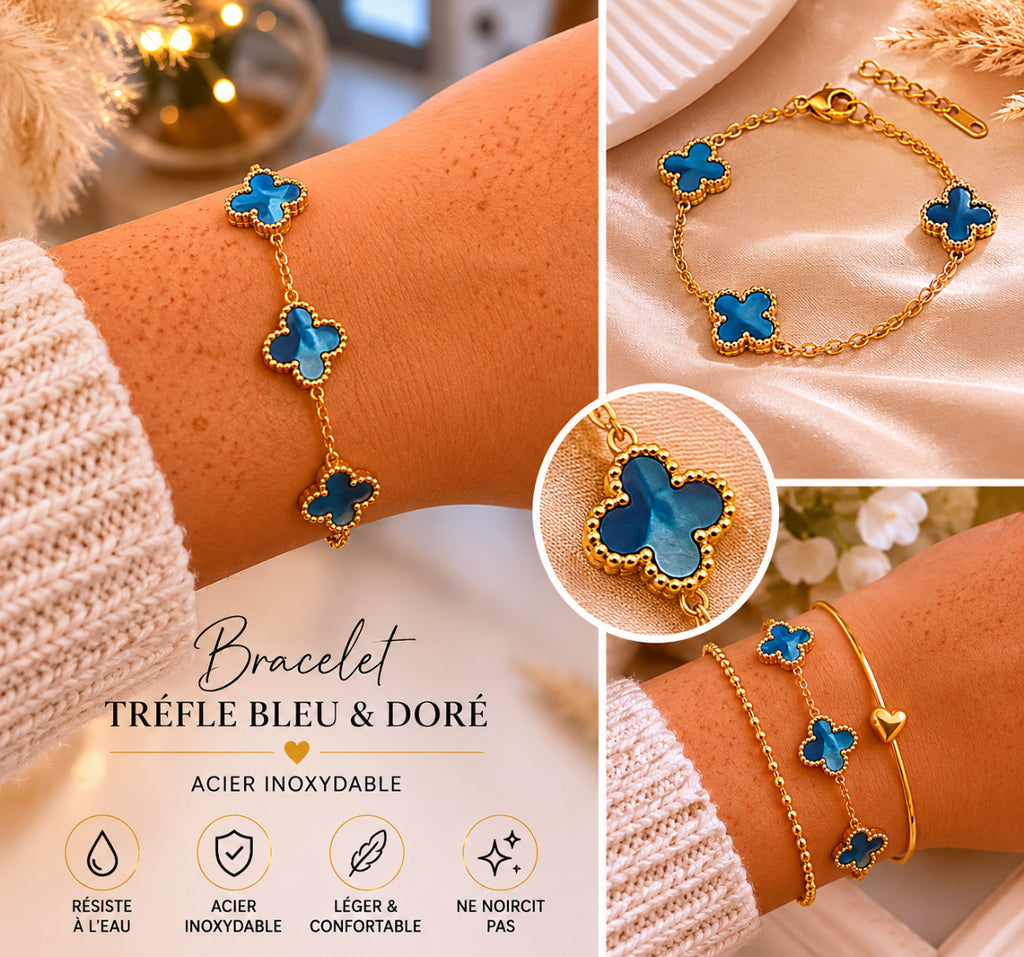 Bracelet trèfle bleu & doré – acier inoxydable