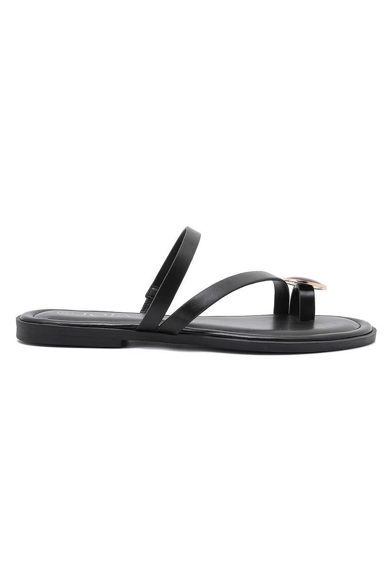 Sandales plates noires à bride avec bijou rond – Élégance & confort