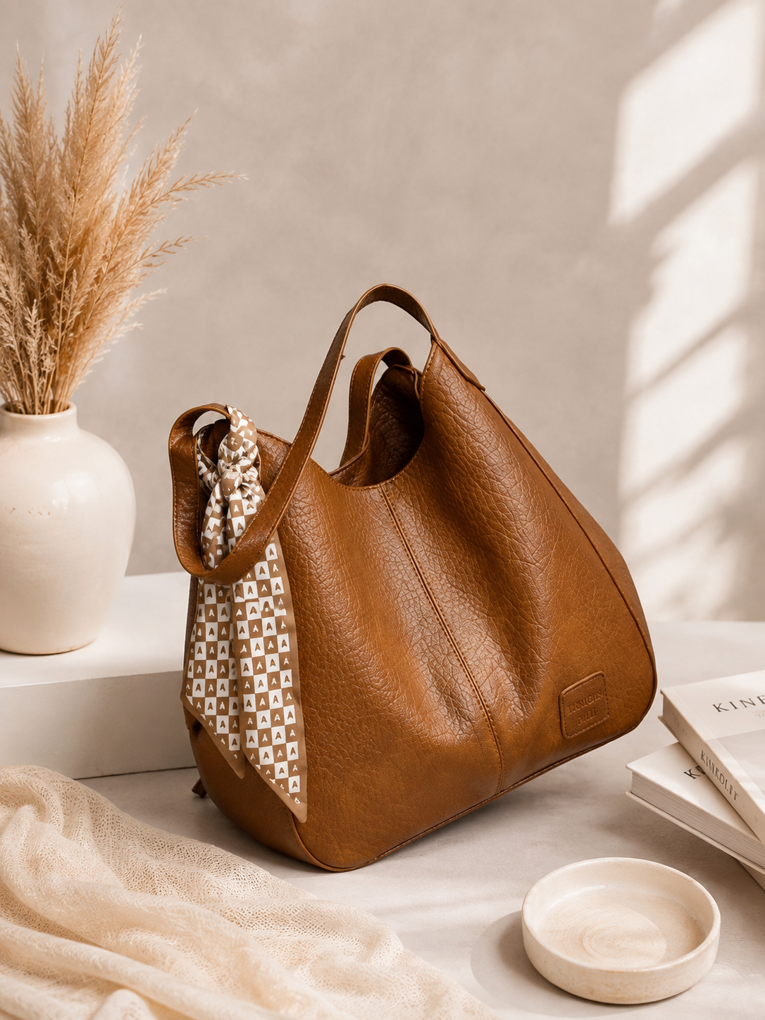 Sac cabas camel avec foulard