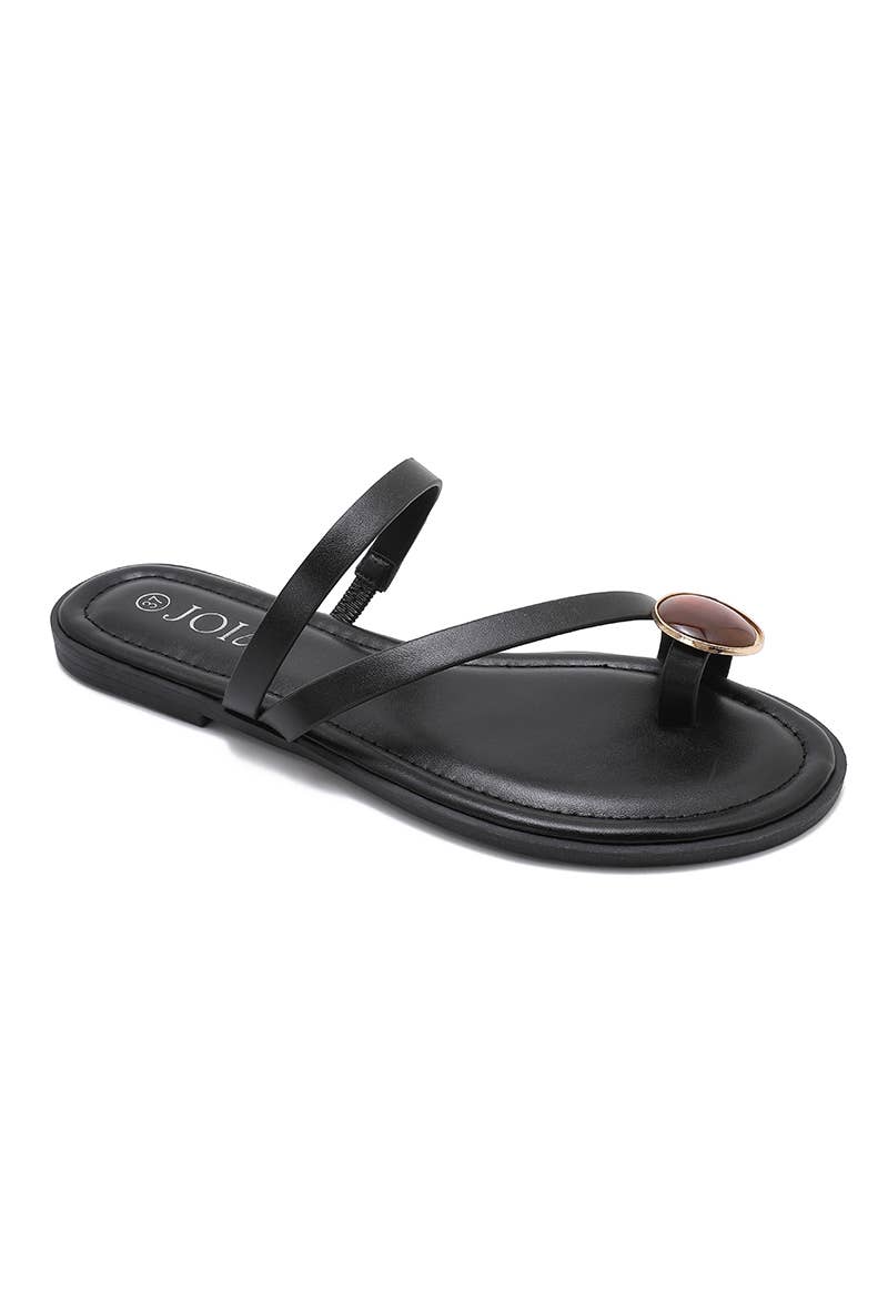 Sandales plates noires à bride avec bijou rond – Élégance & confort