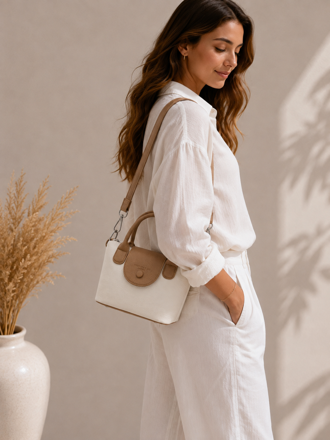 Sac Luna blanc & marron – Porté main & bandoulière
