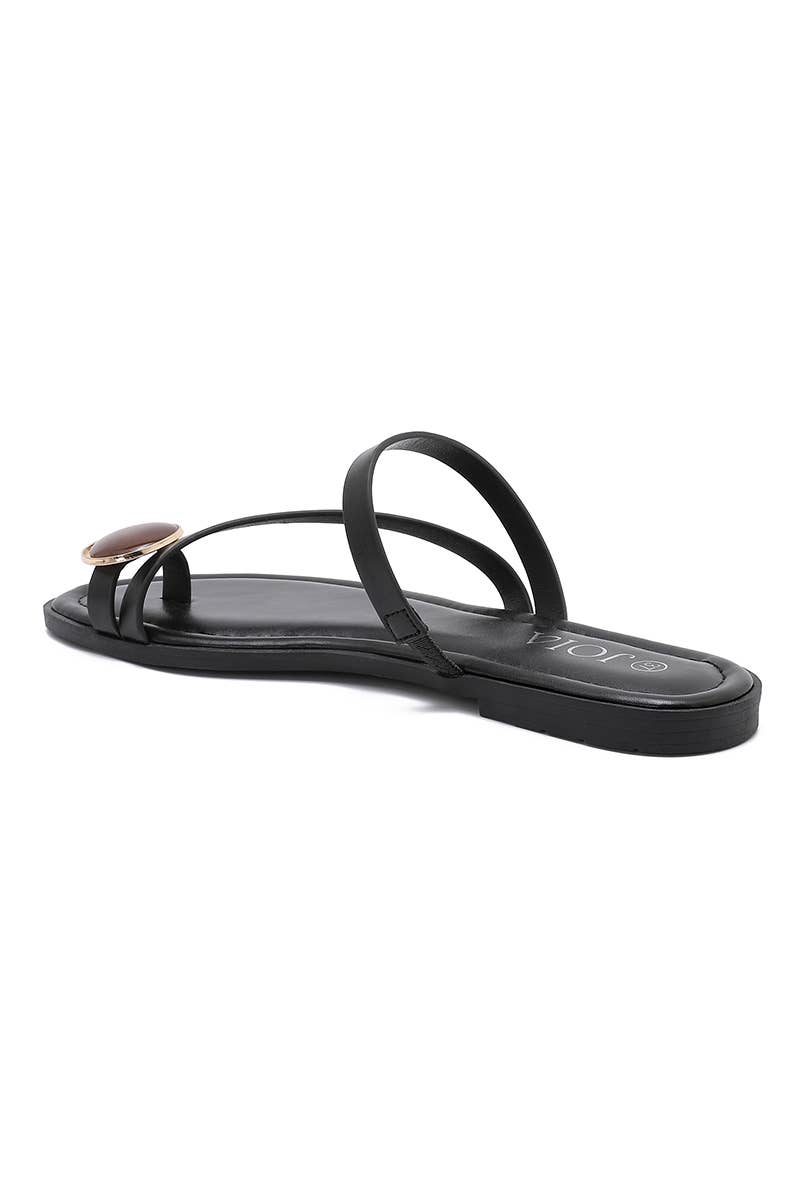 Sandales plates noires à bride avec bijou rond – Élégance & confort
