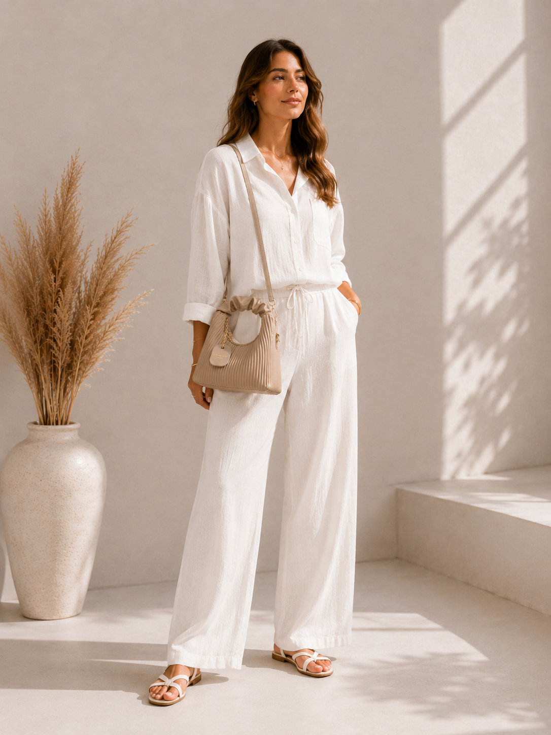 Petit sac beige plissé – Porté main & bandoulière