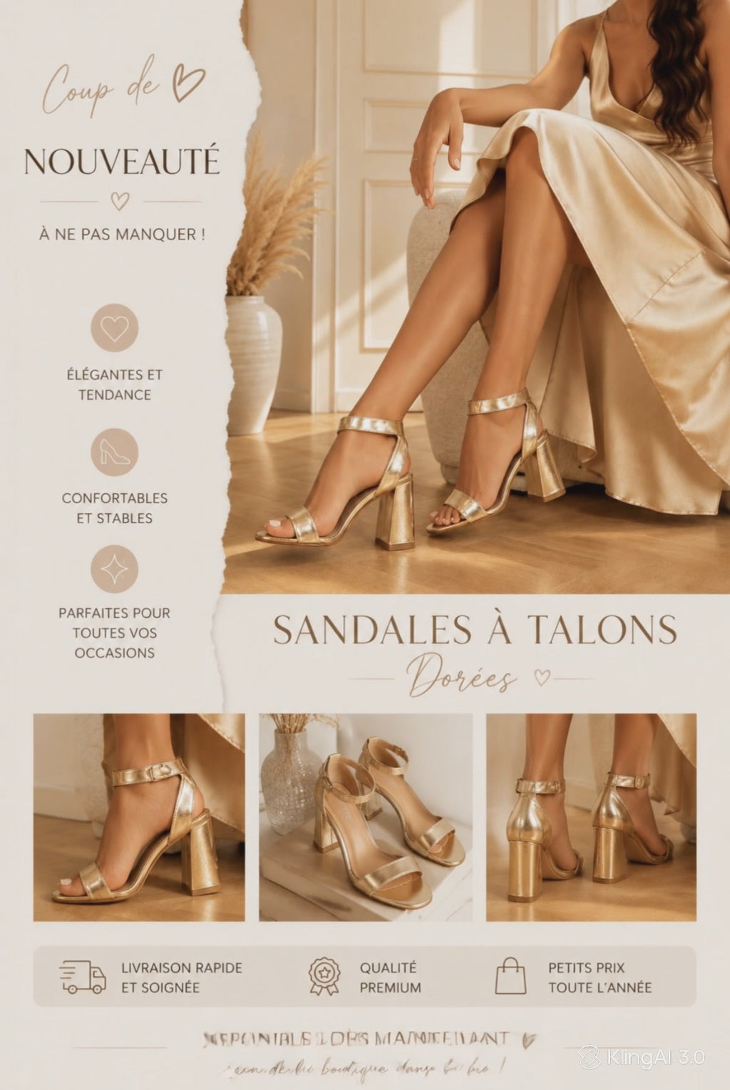 Sandales à talon dorées élégantes – Bride cheville & talon carré
