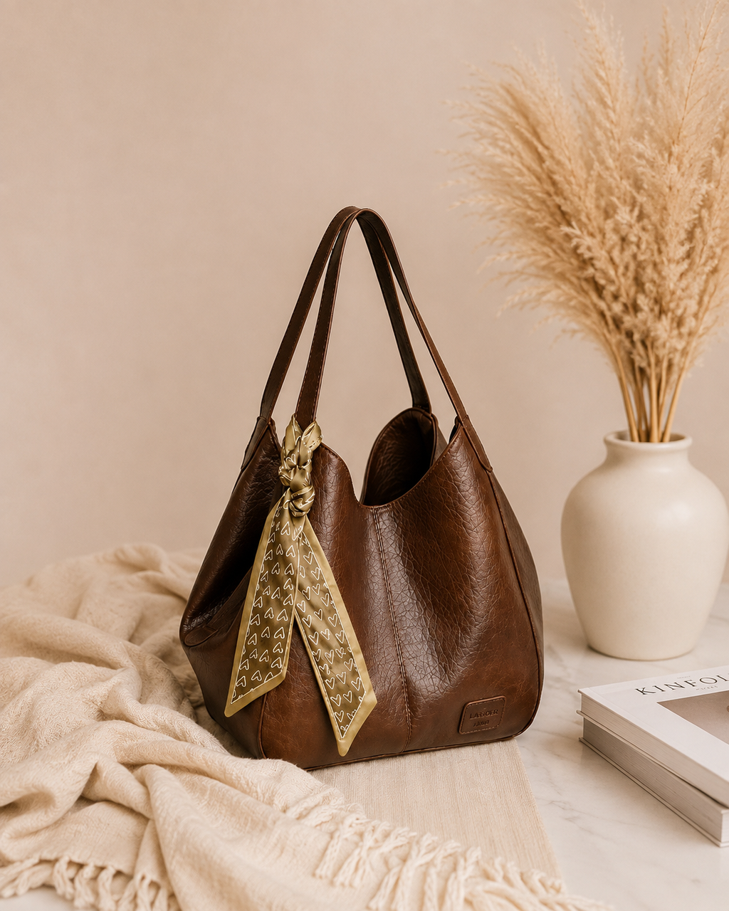 Sac cabas souple marron avec foulard
